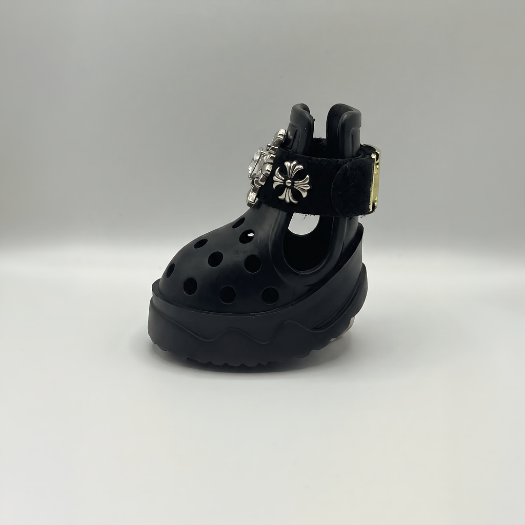 Close-up side profile of BLESSING protective dog sandal, highlighting the adjustable strap and premium gold buckle hardware.